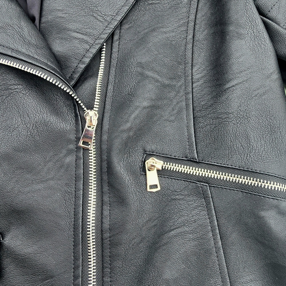 🟢NWOT Womens Black Lapel Collar Belted Zip Up Moto Leather Jacket Size L (8/10) - Picture 7 of 13